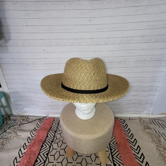 WIDE BRIM FEDORA SUN HAT, W BLACK HATBAND - Picture 2 of 15